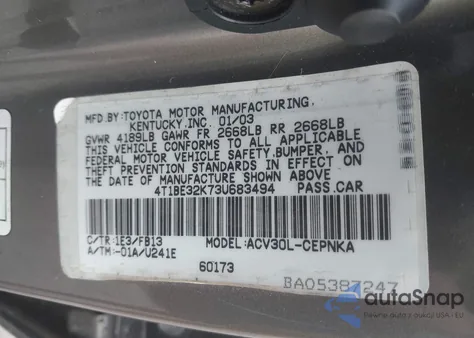 2003 Toyota Camry Le из США, поврежденный, VIN 4T1BE32K73U683494